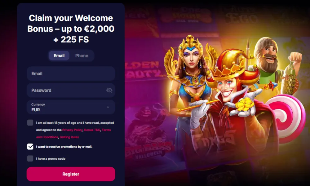 Форма за регистрация в казино NV и промоционална оферта за бонус при добре дошли